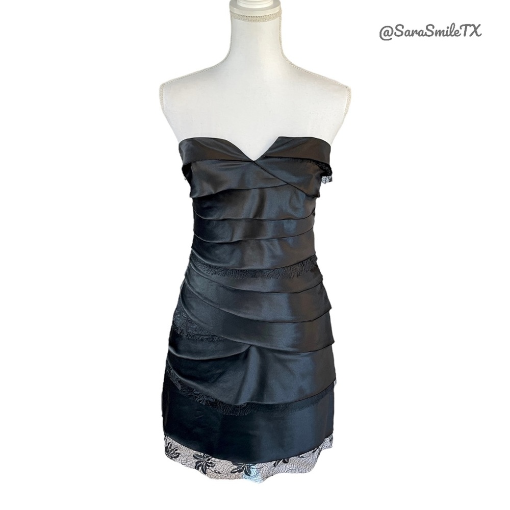 BCBGENERATION Black Satin Lace Tiered Strapless Cocktail Dress